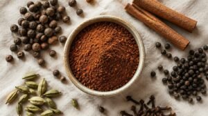 Overhead shot of a small ceramic bowl of deep reddish-brown baharat spice blend on cream linen, surrounded by whole allspice berries