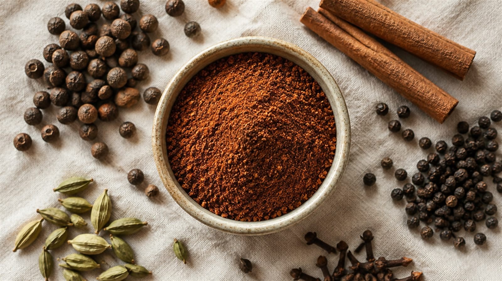Overhead shot of a small ceramic bowl of deep reddish-brown baharat spice blend on cream linen, surrounded by whole allspice berries
