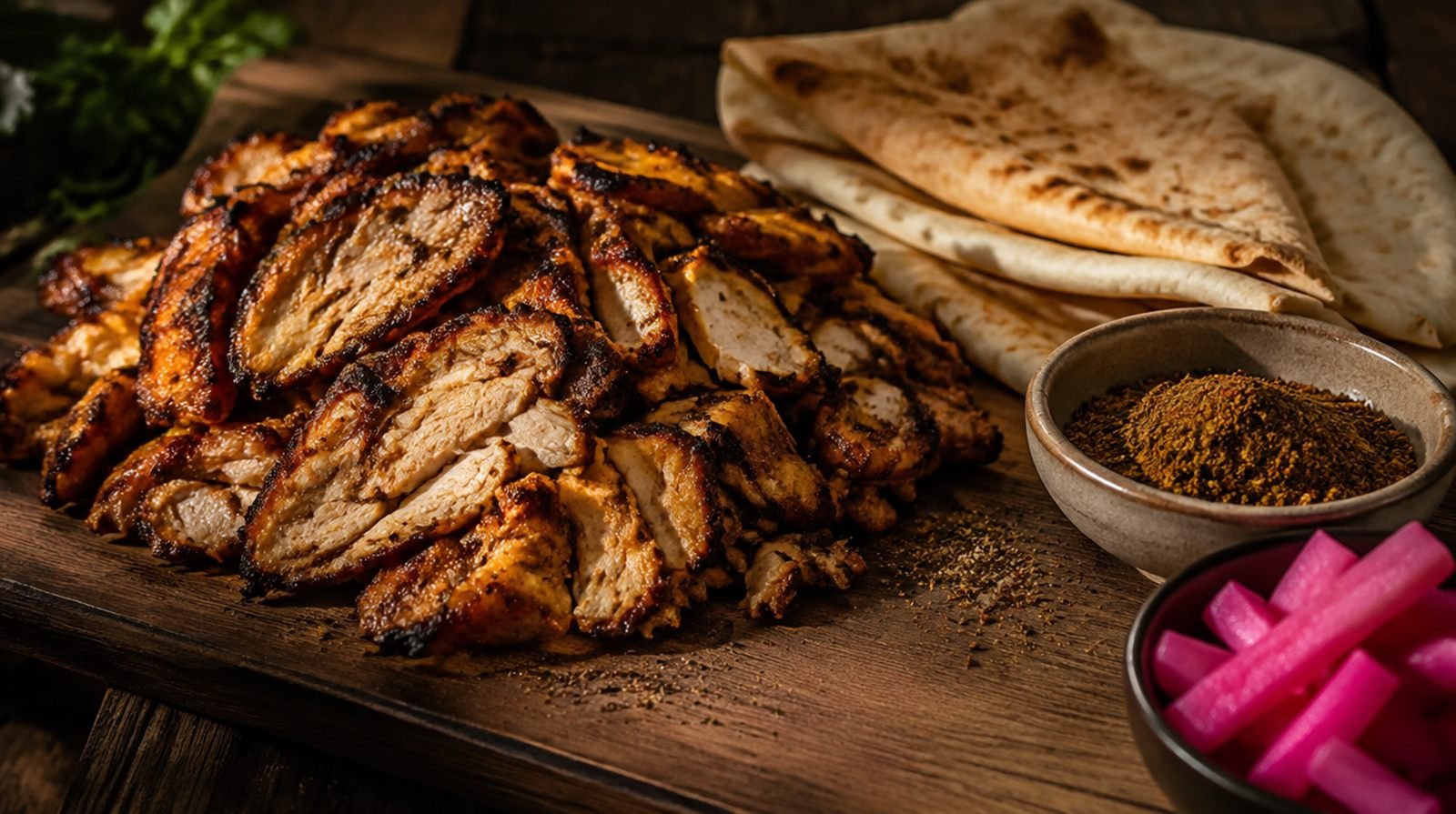 Sliced golden chicken shawarma piled on a wooden board with charred edges, warm pita