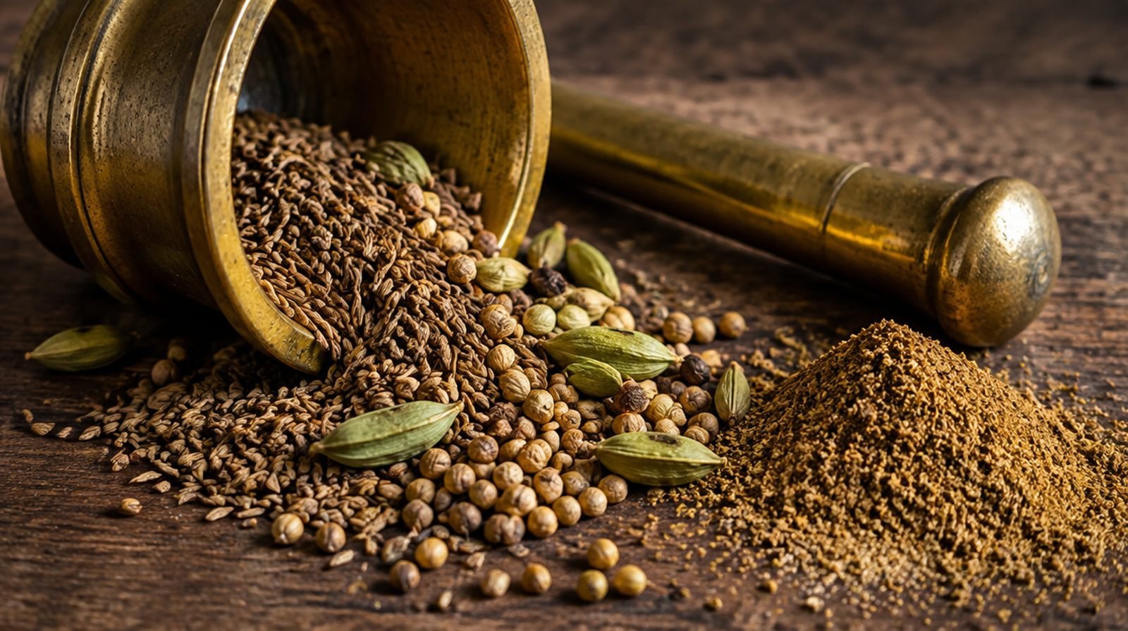 Close-up of whole cumin seeds, coriander seeds and cardamom pods spilling from a brass mortar and pestle next to a small pile of freshly ground spice