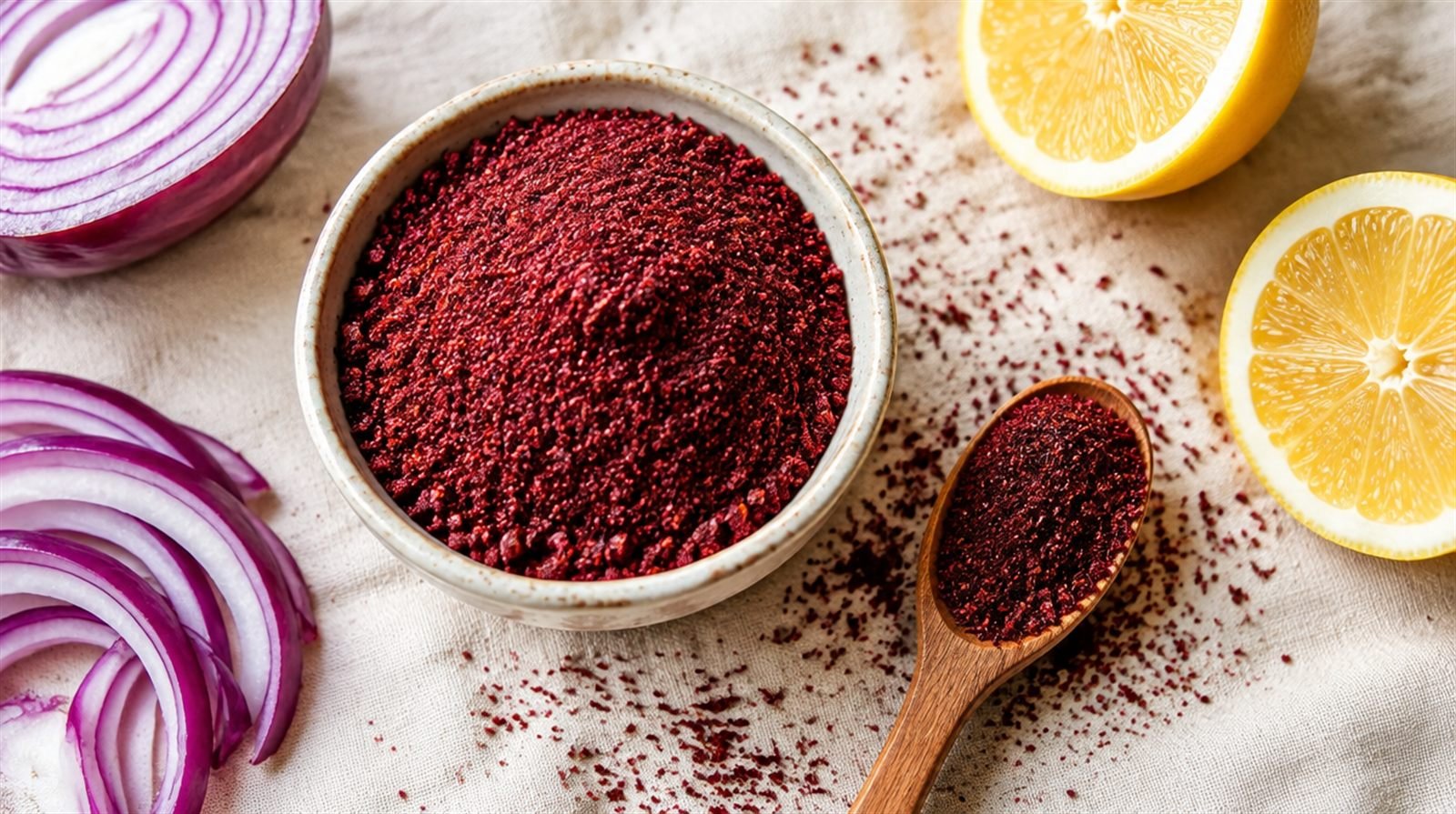 Small ceramic bowl heaped with deep crimson ground sumac on a cream linen cloth, a wooden spoon dusted with sumac
