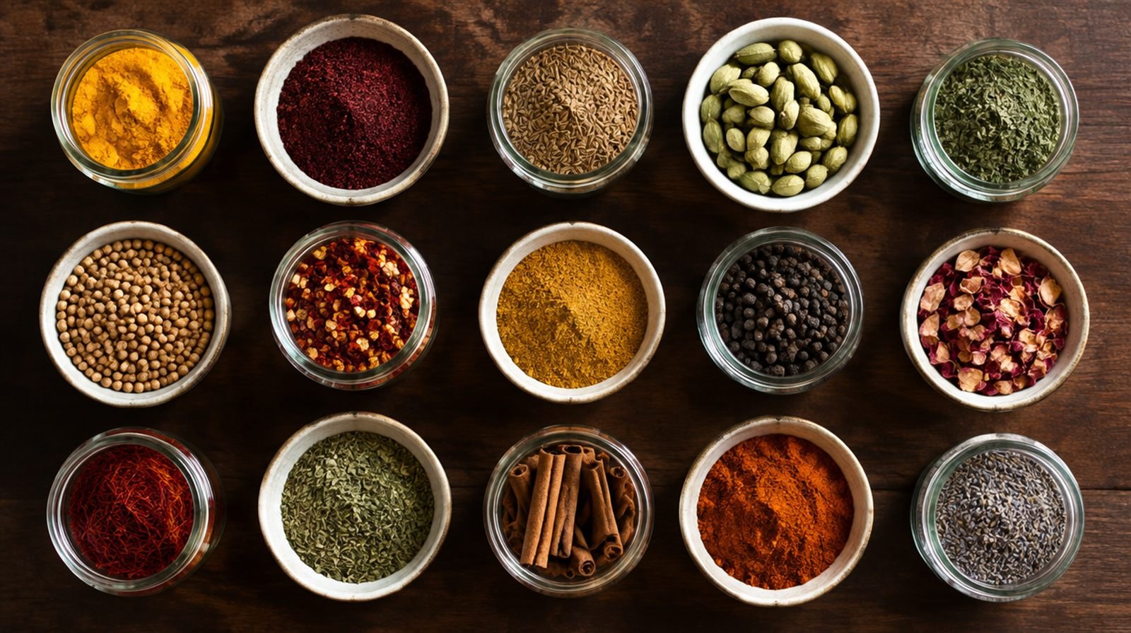 Neatly arranged collection of fifteen small glass spice jars and ceramic bowls filled with colorful Middle Eastern spices on a dark wooden table, turmeric