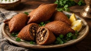 Golden fried torpedo-shaped kubba kibbeh on a rustic plate with one cut open showing spiced ground meat and pine nuts, lemon wedges and fresh parsley