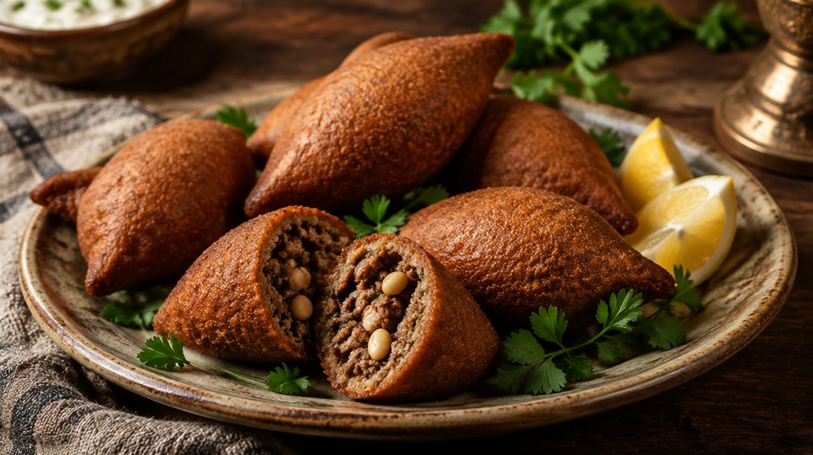 Golden fried torpedo-shaped kubba kibbeh on a rustic plate with one cut open showing spiced ground meat and pine nuts, lemon wedges and fresh parsley