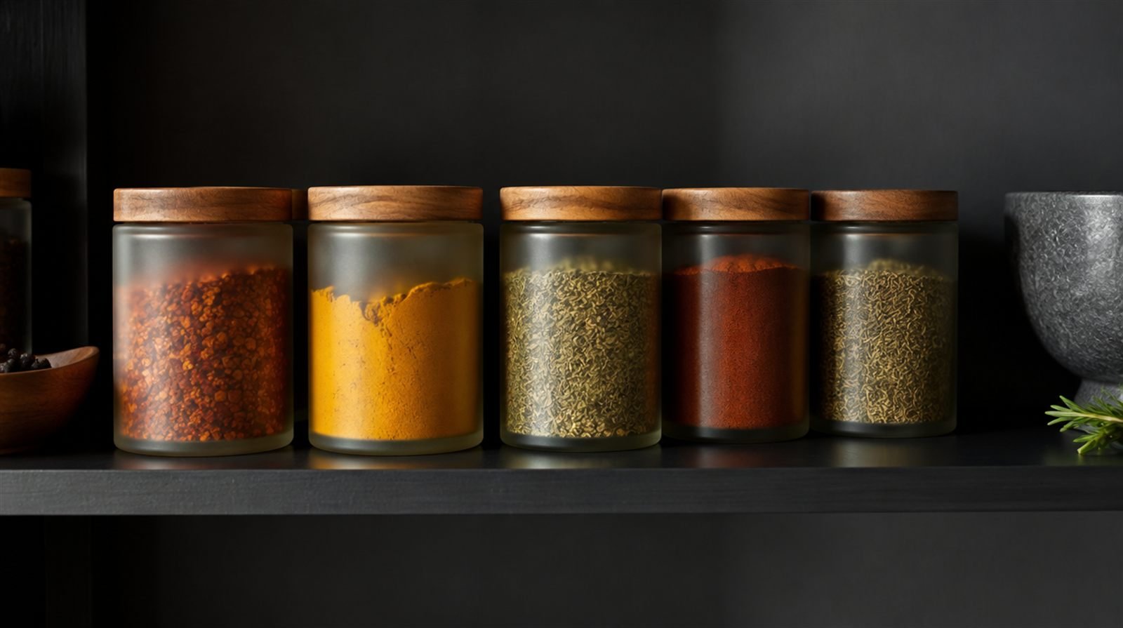 Row of matte glass spice jars with wooden lids on a clean dark pantry shelf, labels blank