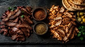 Side by side on a dark slate board, thinly sliced beef shawarma with deep caramelized edges and golden chicken shawarma