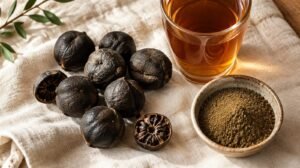 Handful of dark dried black limes loomi on a cream linen cloth beside a small bowl of ground dried lime powder and a glass of amber tea, warm natural light