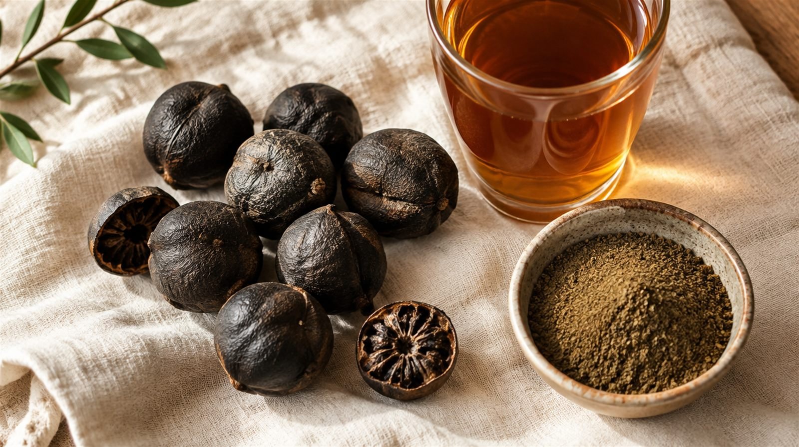 Handful of dark dried black limes loomi on a cream linen cloth beside a small bowl of ground dried lime powder and a glass of amber tea, warm natural light