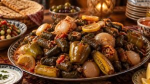 Large pot of Iraqi dolma turned out onto a platter showing stuffed grape leaves, onions