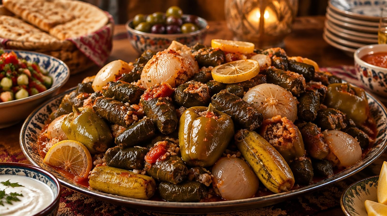Large pot of Iraqi dolma turned out onto a platter showing stuffed grape leaves, onions
