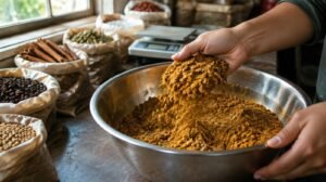 Hands scooping a warm golden spice blend from a large steel mixing bowl in a small spice workshop, bags of whole spices and a scale in soft focus behind