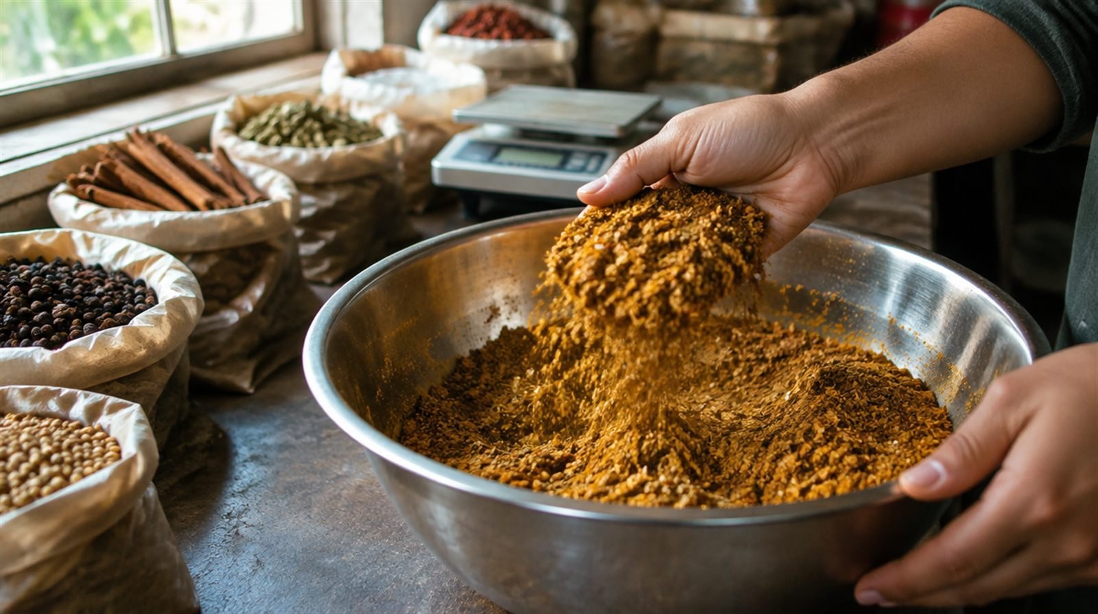 Hands scooping a warm golden spice blend from a large steel mixing bowl in a small spice workshop, bags of whole spices and a scale in soft focus behind