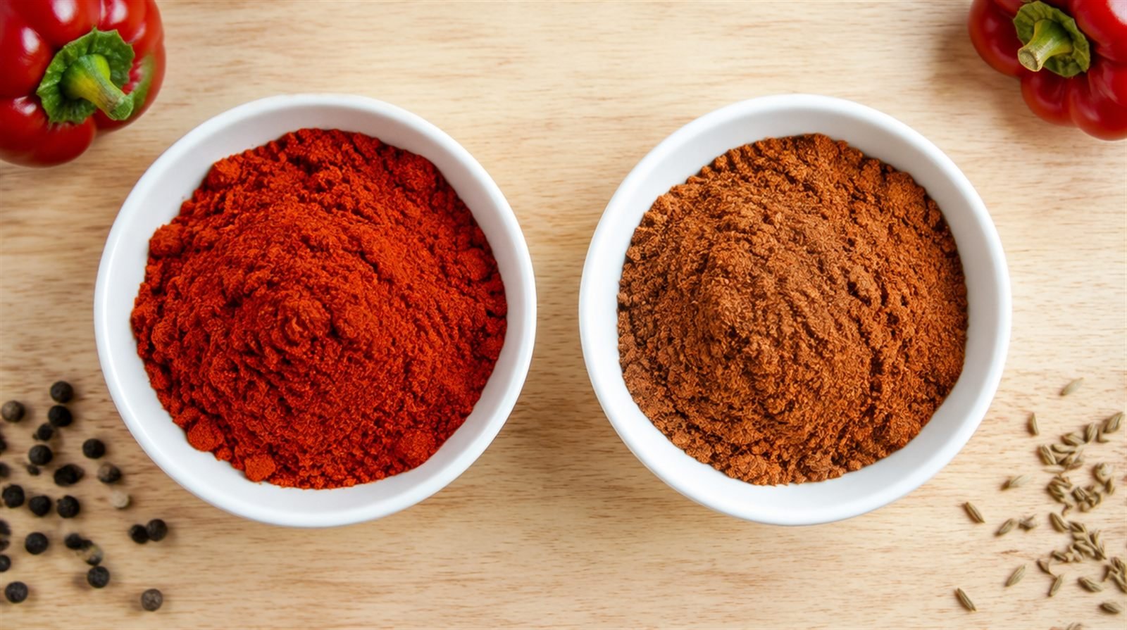 Overhead comparison of vibrant fresh red paprika and dull faded paprika in two matching white bowls on a light wood table, a few whole peppercorns and cumin seeds scattered