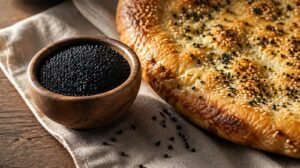 Small wooden bowl of glossy black nigella seeds on a linen napkin next to a golden sesame-topped flatbread sprinkled with black seeds, warm side light