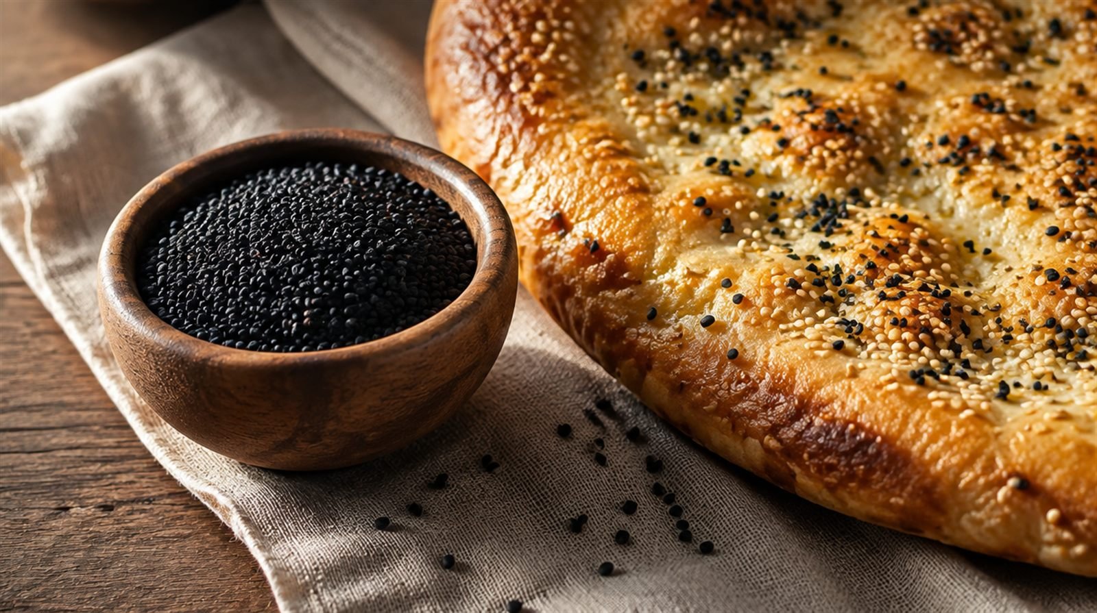 Small wooden bowl of glossy black nigella seeds on a linen napkin next to a golden sesame-topped flatbread sprinkled with black seeds, warm side light