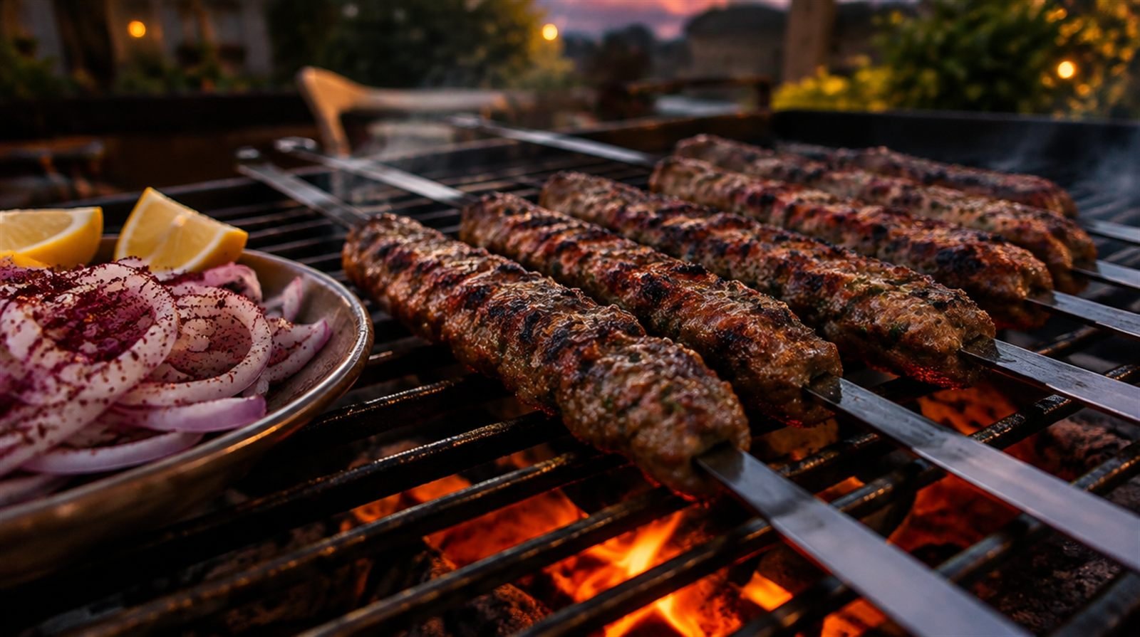 Charred kofta kebabs on flat metal skewers resting on a grill grate with flames softly glowing beneath, sumac dusted onions and lemon on the side