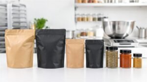 Clean row of unlabeled kraft and matte black spice pouches and jars on a white counter in a small production kitchen, a stainless steel blending bowl and scale in soft focus