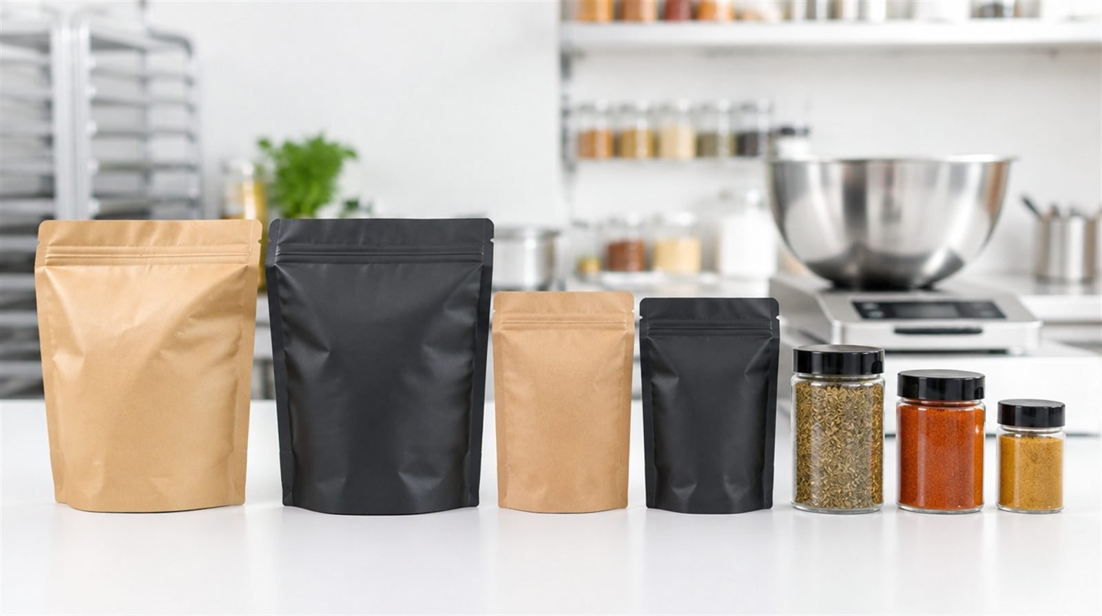 Clean row of unlabeled kraft and matte black spice pouches and jars on a white counter in a small production kitchen, a stainless steel blending bowl and scale in soft focus