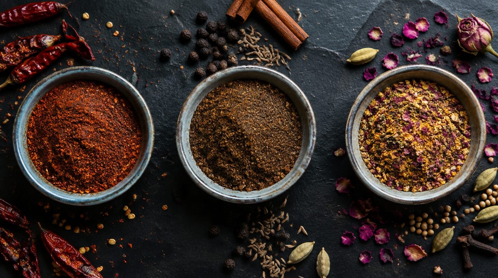 Three small ceramic bowls in a row on dark slate holding three distinct spice blends, one reddish brown