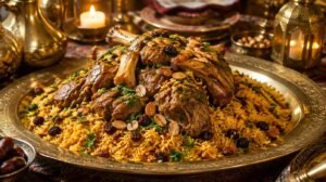 Grand platter of golden spiced rice topped with tender roasted lamb, toasted almonds