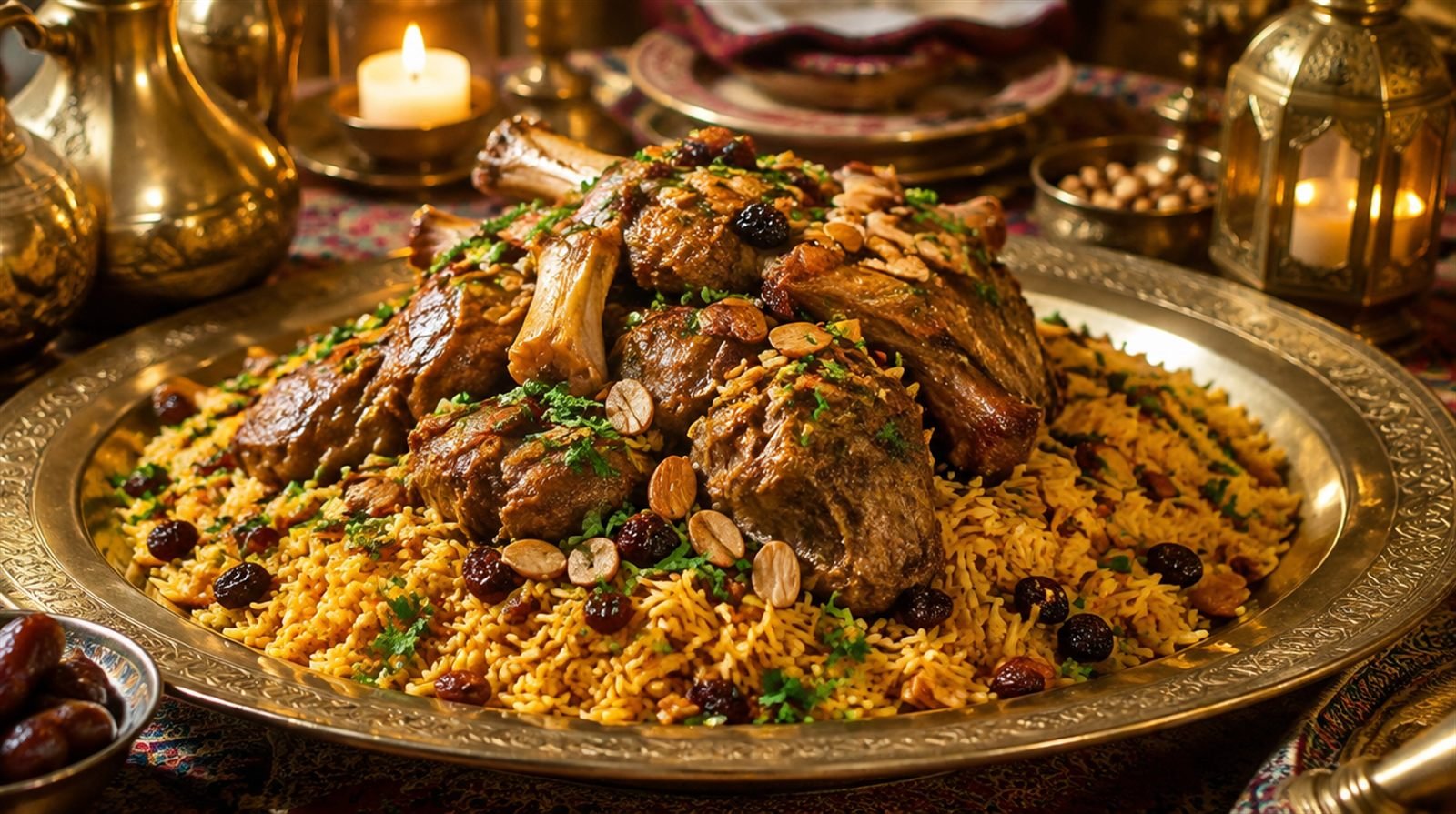 Grand platter of golden spiced rice topped with tender roasted lamb, toasted almonds
