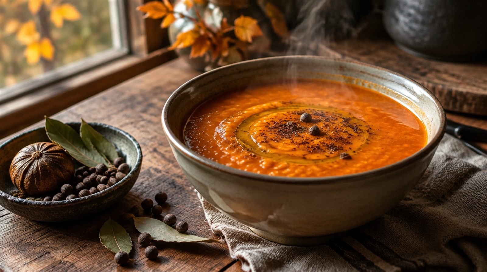 Steaming bowl of red lentil soup dusted with cumin and a swirl of olive oil, on a rustic table with a small dish of bay leaves