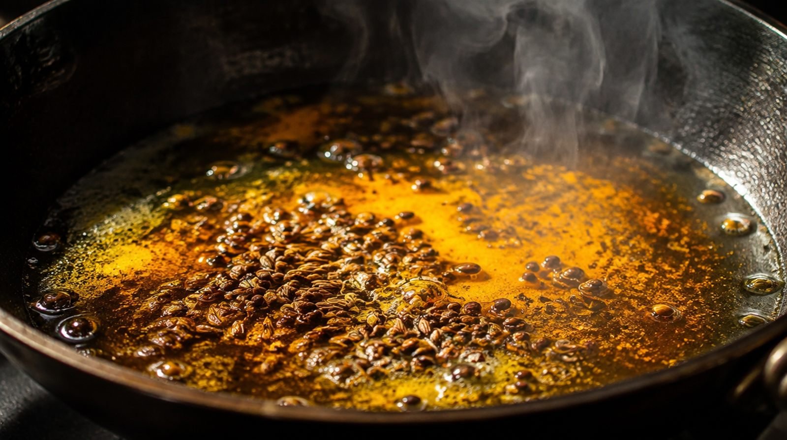 Close-up of whole cumin and mustard seeds sizzling in a small pan of golden oil with turmeric blooming into the oil, steam rising