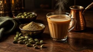 Green cardamom pods and a small bowl of ground cardamom beside a steaming glass of spiced tea and a small copper coffee pot, dark wood table