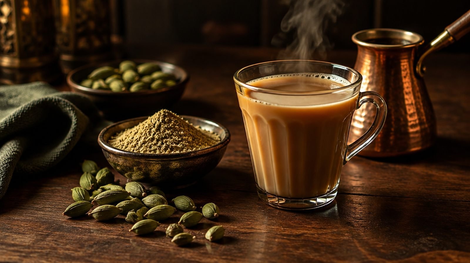 Green cardamom pods and a small bowl of ground cardamom beside a steaming glass of spiced tea and a small copper coffee pot, dark wood table