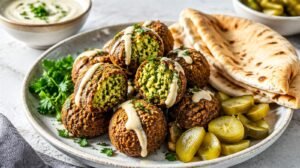 Crisp golden falafel balls stacked on a plate, one broken open showing a bright green herby interior