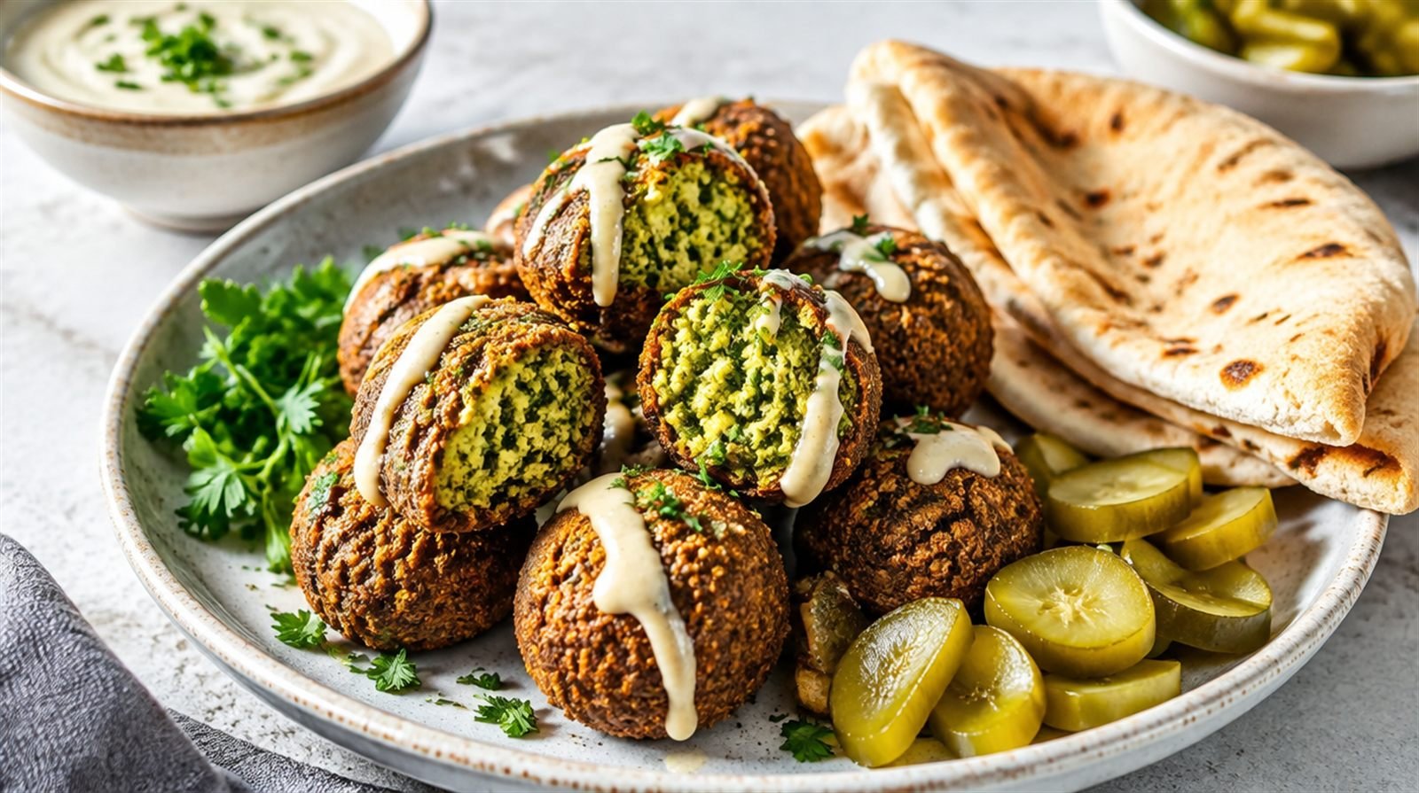 Crisp golden falafel balls stacked on a plate, one broken open showing a bright green herby interior