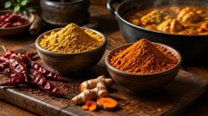 Two bowls of golden curry powder on a dark wooden board, one paler and one deeper red-gold