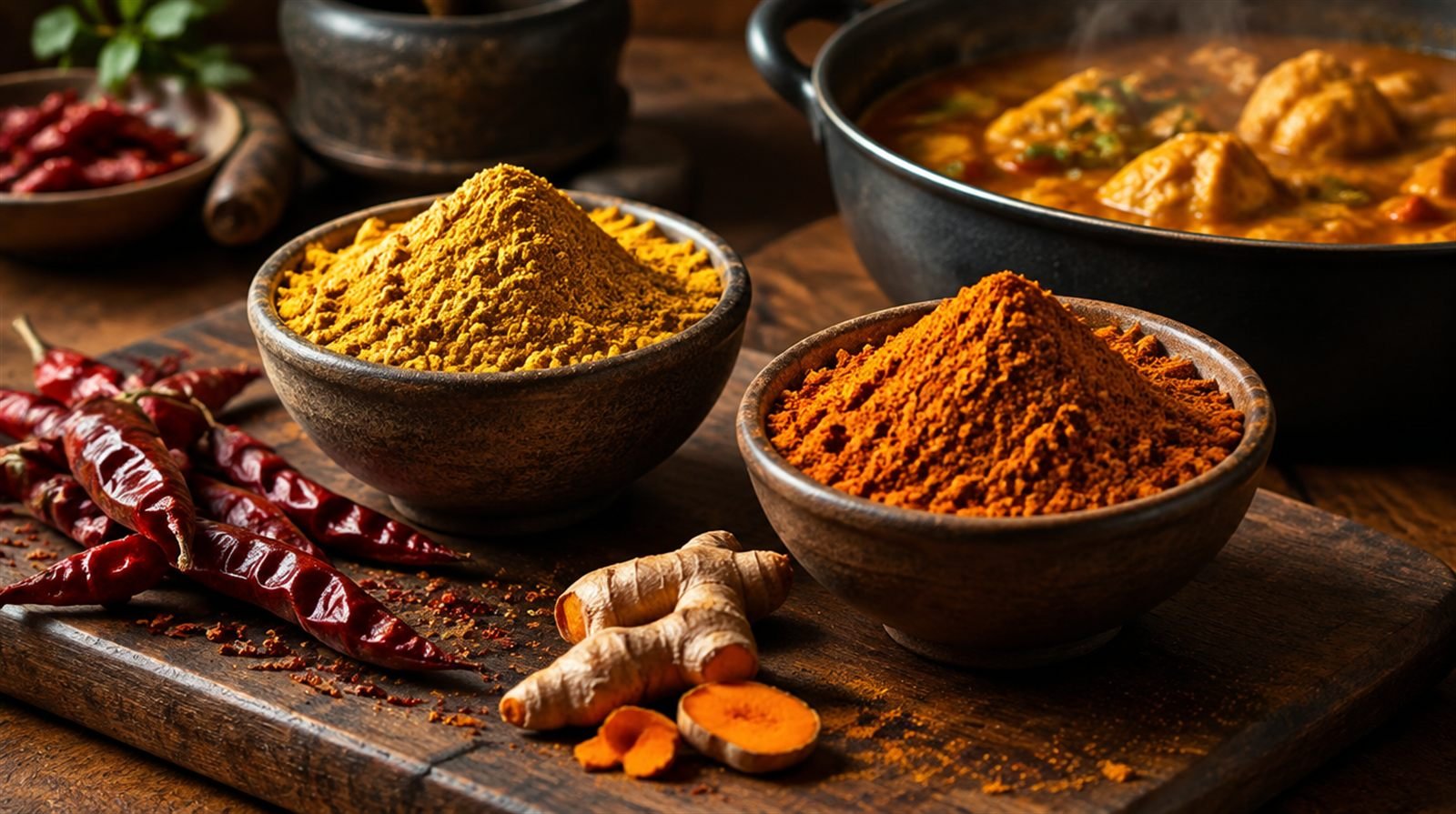 Two bowls of golden curry powder on a dark wooden board, one paler and one deeper red-gold