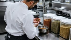 Restaurant chef in a clean kitchen examining a handful of freshly ground spice blend over a stainless steel counter with large sealed spice tubs beside, professional kitchen lighting