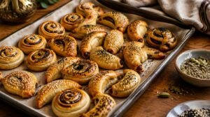 Tray of golden spiral and crescent kleicha date cookies dusted with sesame and nigella seeds on parchment, a small bowl of cardamom and fennel spice beside